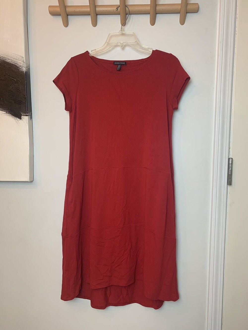 Eileen Fisher Bateau Neck Cap Sleeve T Shirt Dress In Red Size XS Classic